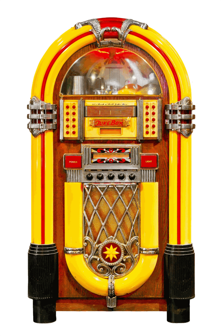 The Jukebox Band jukebox, a classic 1950s style jukebox with glowing yellow and red arches